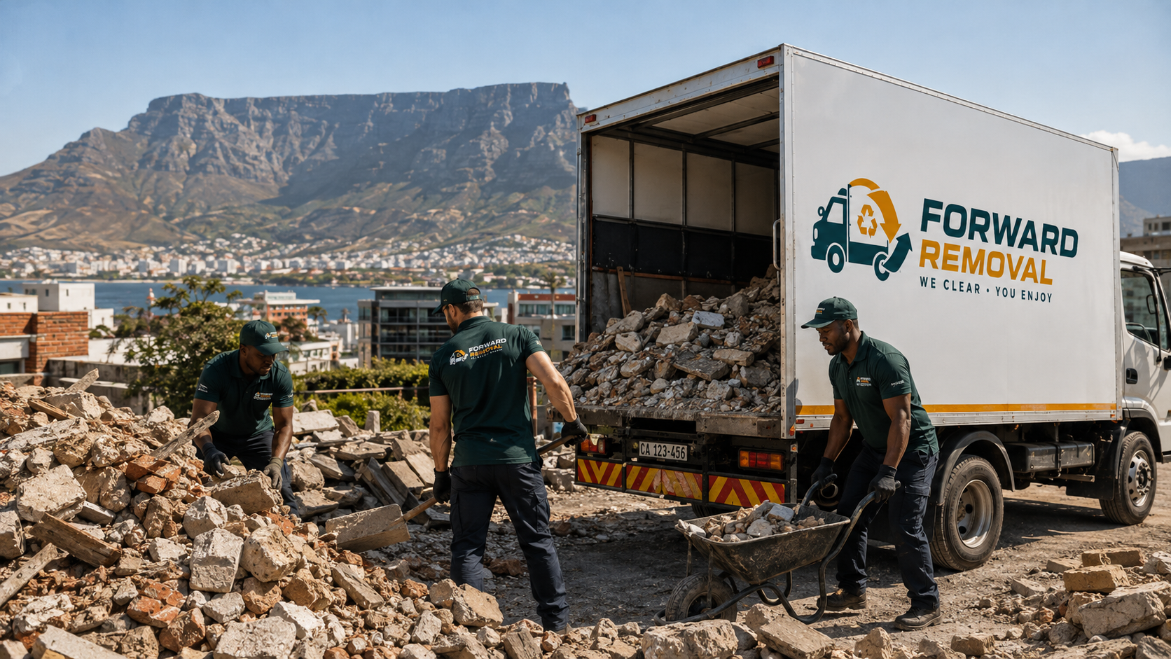 Forward Removal rubble collection team working beside a branded truck in Cape Town